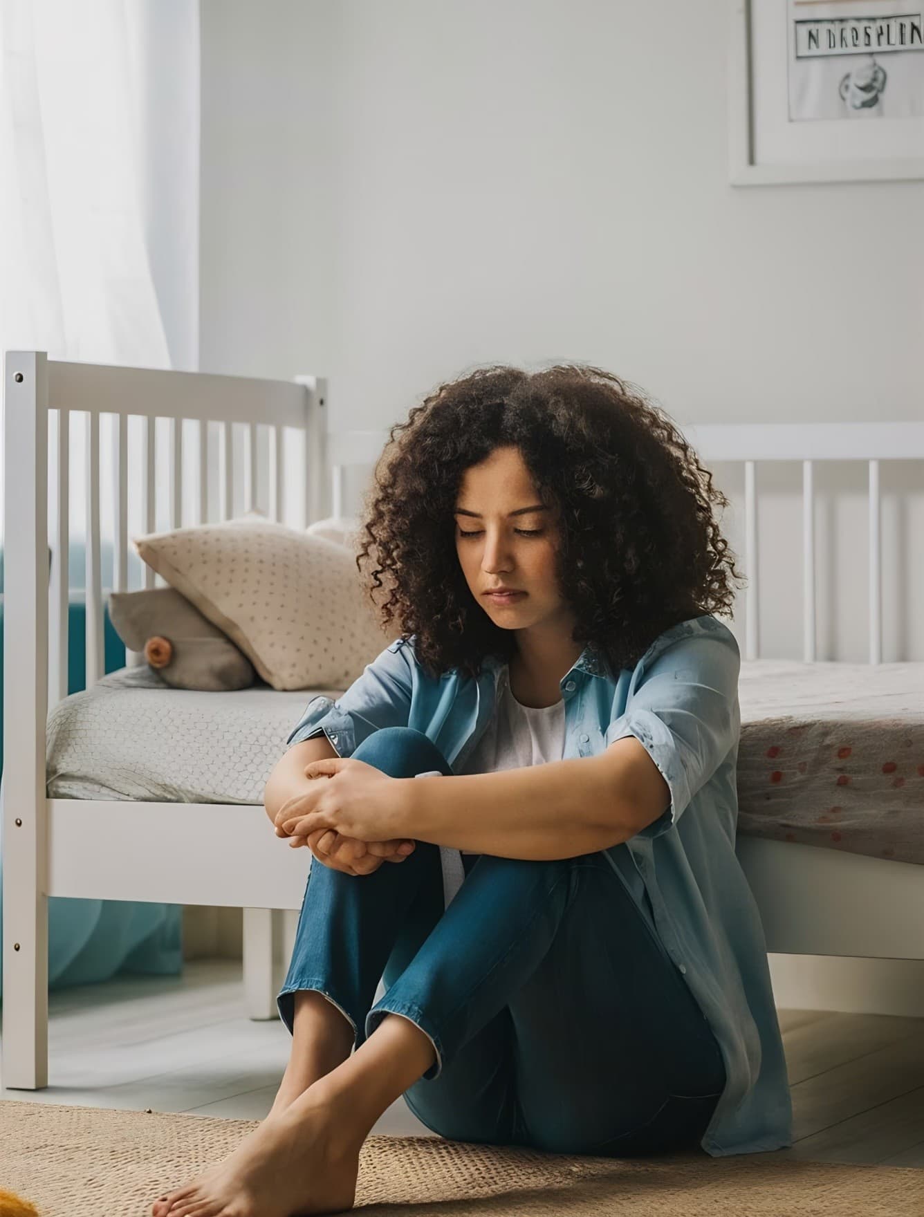 A woman sitting on the floor beside a crib in soft daylight
